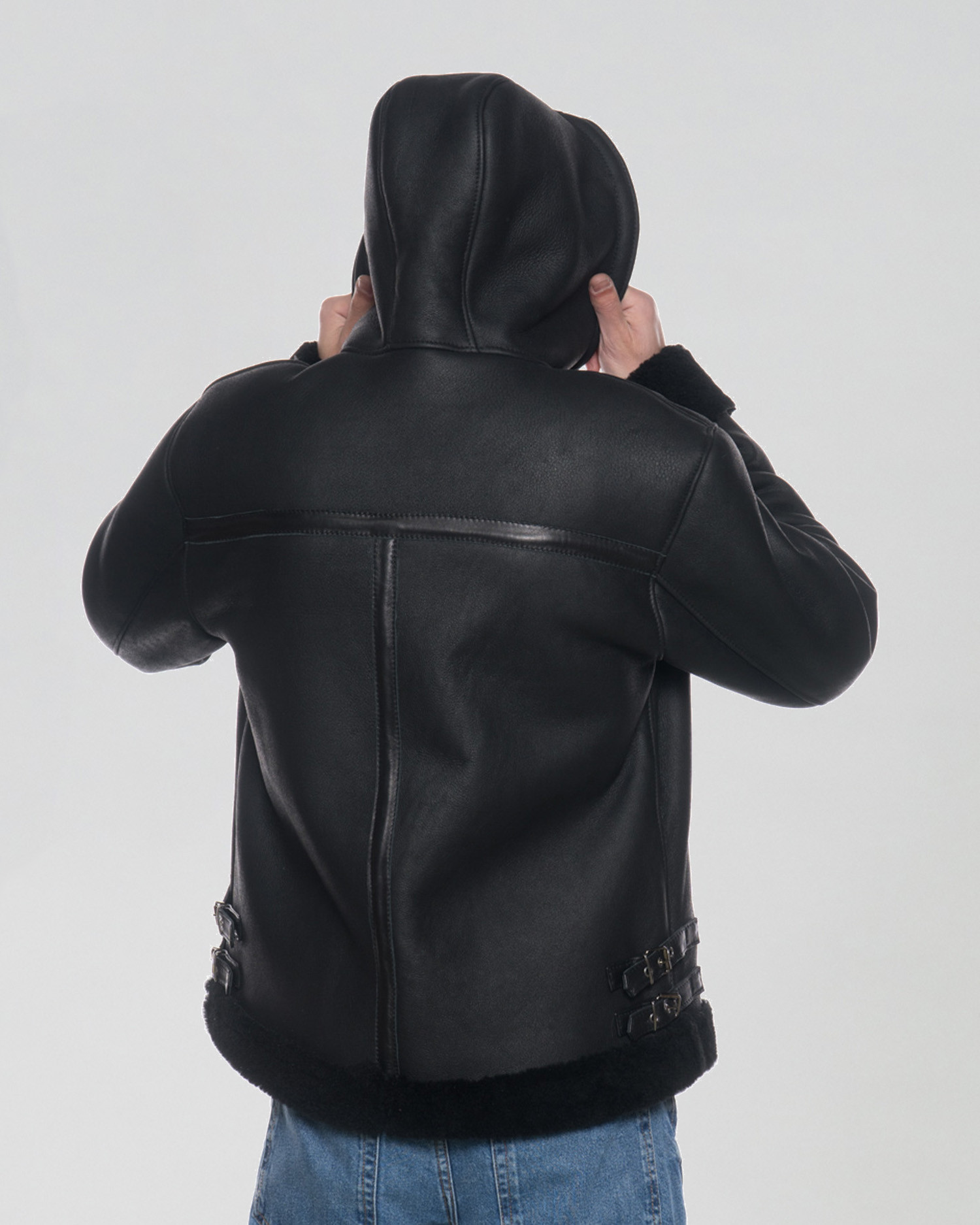 James Giacca Uomo Nero in vero montone Shearling con Cappuccio