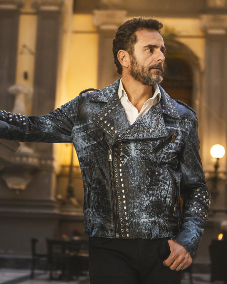 Chiodo da uomo modello Vasco Blu in vera pelle 100% made in Italy. 2