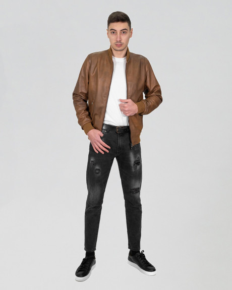 Men's Light Brown Leather Bomber Jacket – David | Leather Trend 2
