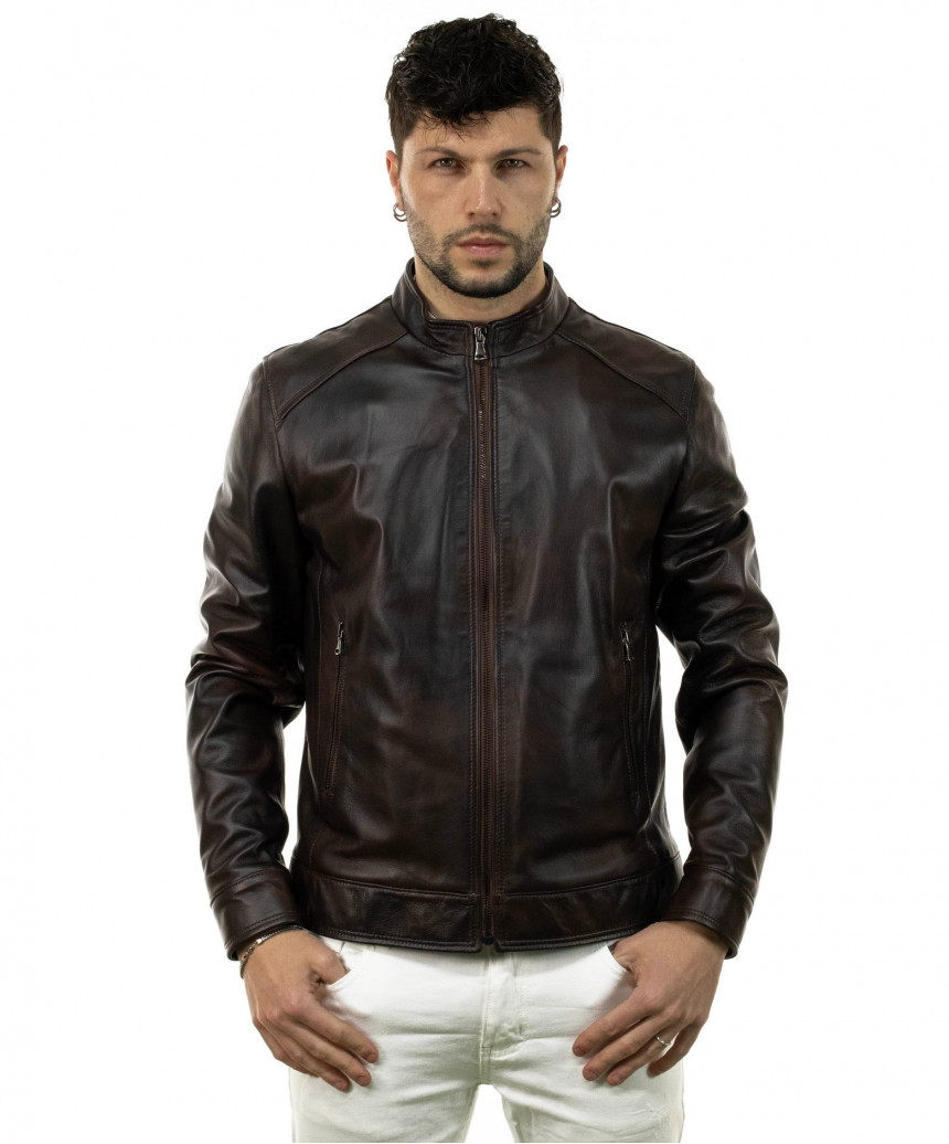 U08 - Men's Jacket in Genuine Dark Brown Leather