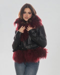Woman's Jacket in Black and Bordeaux Genuine Leather and in real fur.