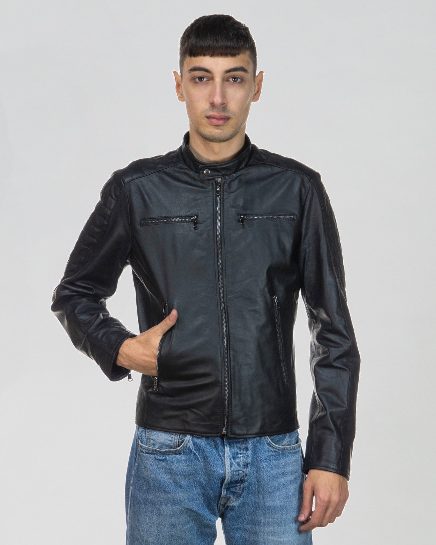 Giacca Biker In Vera Pelle Nera Uomo Slim Con Impunture Frontali Rindw