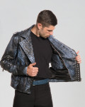 Men's Blue Studded Leather Perfecto Jacket - Vasco | Leather Trend