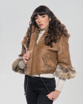 Woman jacket mod. Beatrice in genuine Brown leather and fur 100% made in Italy