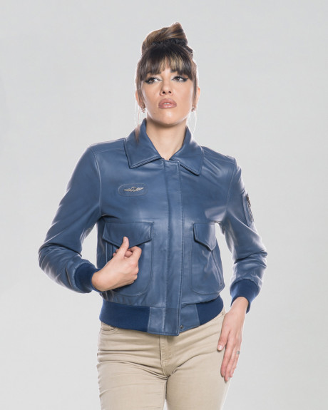 Women's leather jacket mod. Aviator in genuine Blue leather 100% made in Italy