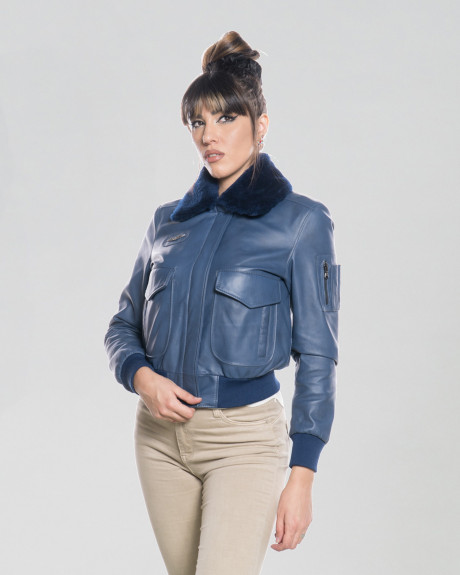 Women's leather jacket mod. Aviator in genuine Blue leather 100% made in Italy
