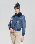 Women's Blue Leather and Shearling Bomber Jacket | Leather Trend