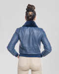 Women's Blue Leather and Shearling Bomber Jacket | Leather Trend