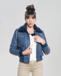 Women's Blue Leather and Shearling Bomber Jacket | Leather Trend