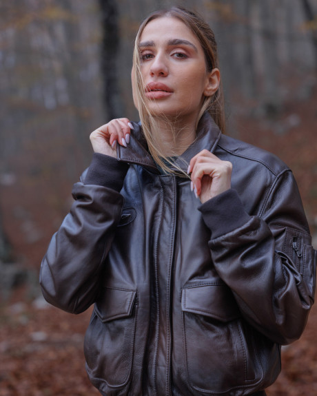 Giacca Bomber Donna In Vera Pelle Di Pecora Nera Con Shearling Marrone - Artigianale Pakistan