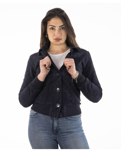 Women's Blue Suede Bomber Jacket - Polo | Leather Trend
