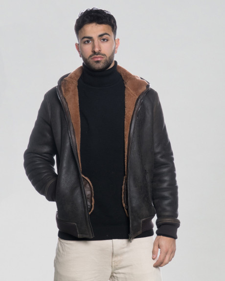 Carlo - Bomber Uomo in Shearling Testa di Moro con Cappuccio 2