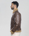 Man's Dark Brown Pullup Smooth effect jacket in real Shearling and Leather 100% made in Italy