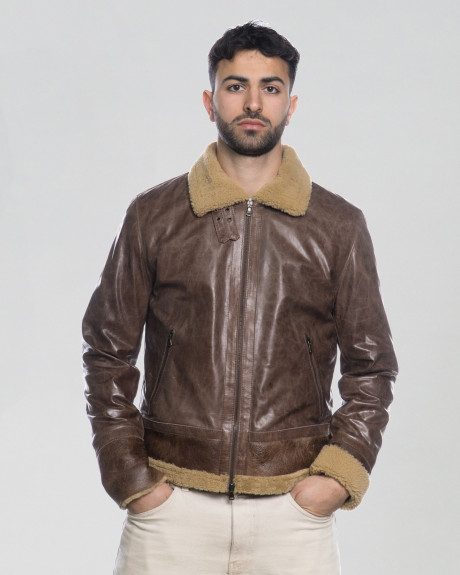 Man's Dark Brown Pullup Smooth effect jacket in real Shearling and Leather 100% made in Italy