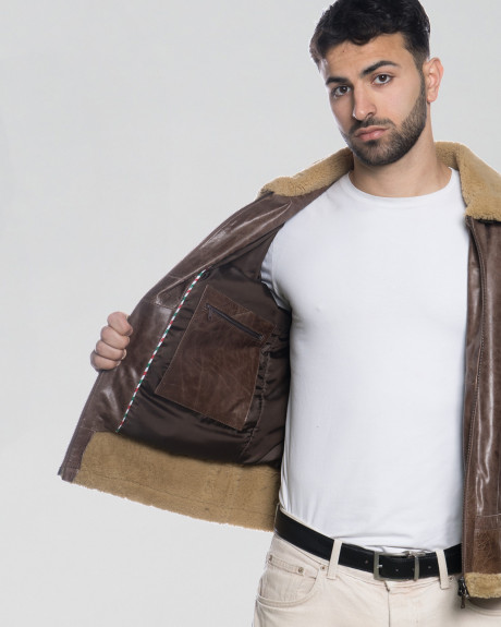 Man's Dark Brown Pullup Smooth effect jacket in real Shearling and Leather 100% made in Italy 2