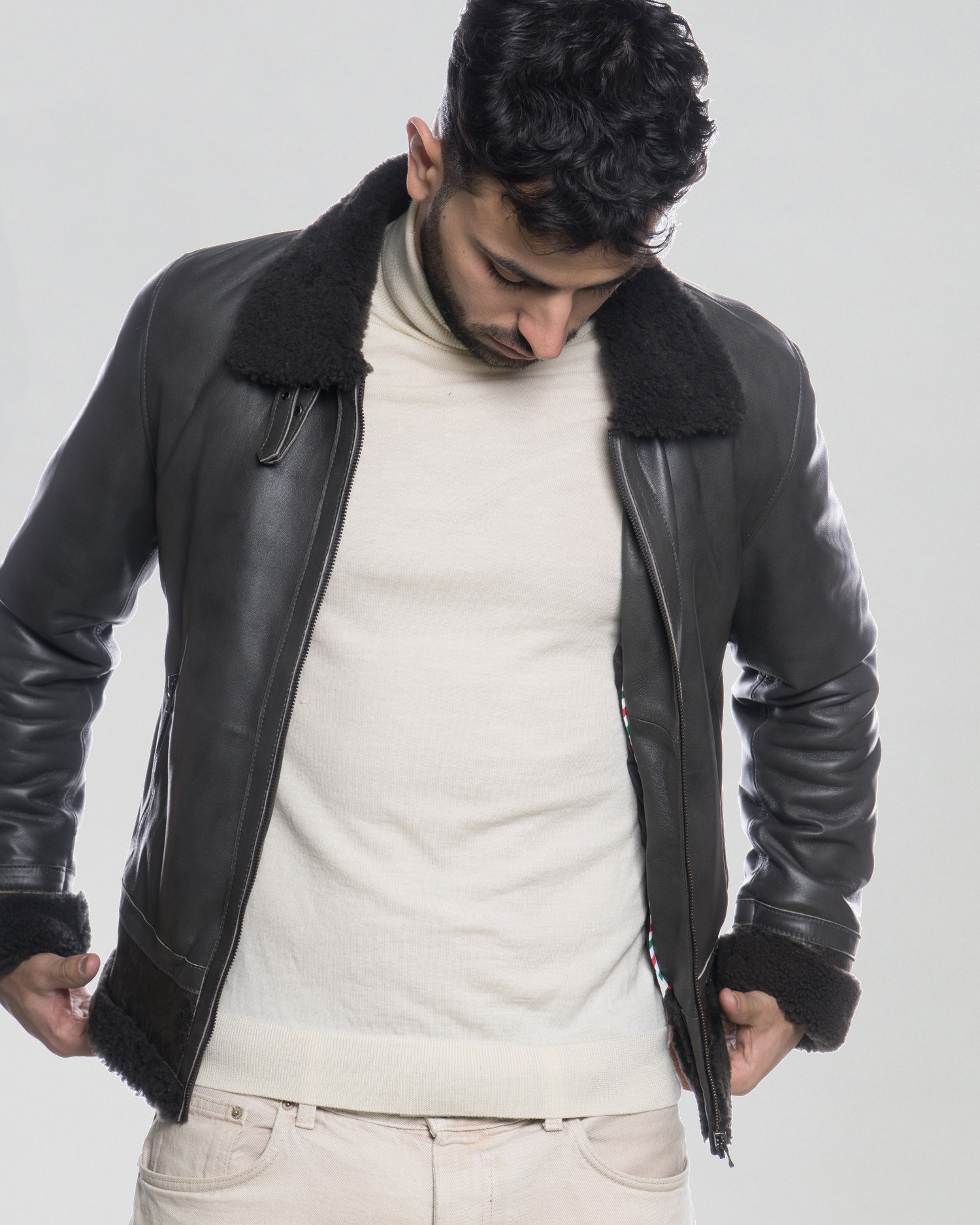 Francesco Giacca Uomo Grigio in vera pelle e Montone chiaro