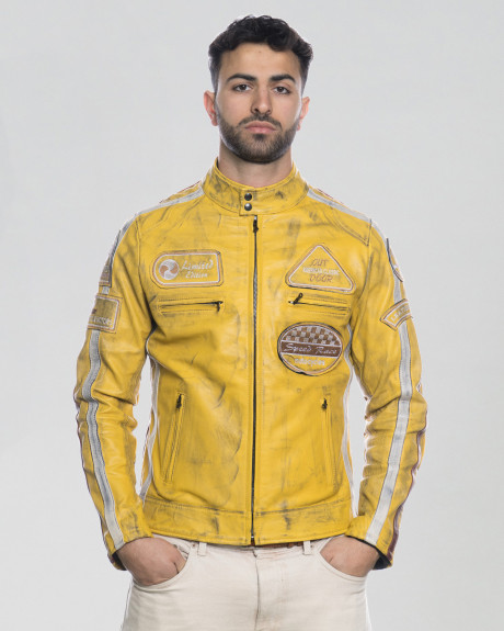 Men's Yellow Buffed Leather Biker Jacket – Axel | Leather Trend