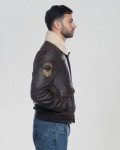 Men's leather jacket mod. Pilot with Emblem bomber in genuine dark brown nabuck leather 100% made in Italy