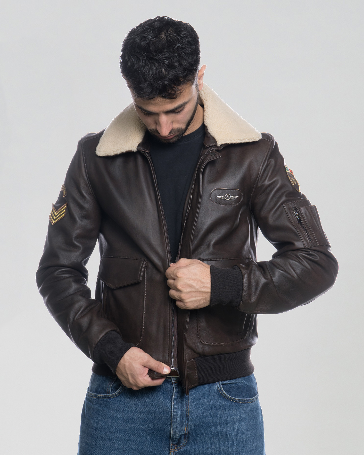 Giubbotto Bomber Aviatore In Vera Pelle Di Pecora Marrone, Uomo, Stile RAF B3, JackLets