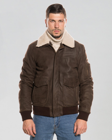 Men's Nubuck and Shearling Bomber Jacket - Leo | Leather Trend