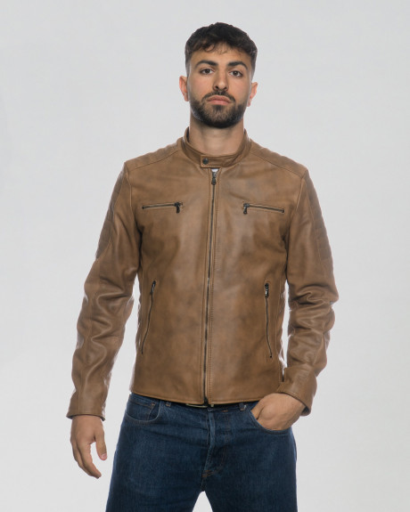 Men's Light Brown Leather Biker Jacket – U05 | Leather Trend