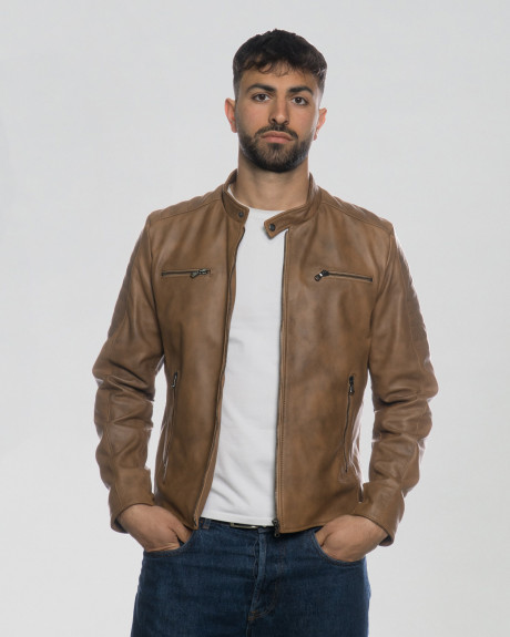 Men's Light Brown Leather Biker Jacket – U05 | Leather Trend 2