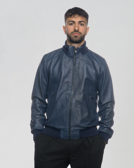 Men's Blue Leather Bomber Jacket - Marcello | Leather Trend