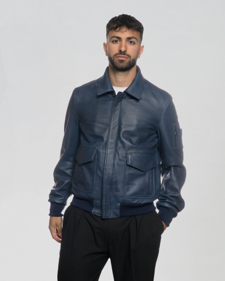 Giacca uomo mod. Bomber Blu in vera pelle 100% made in Italy