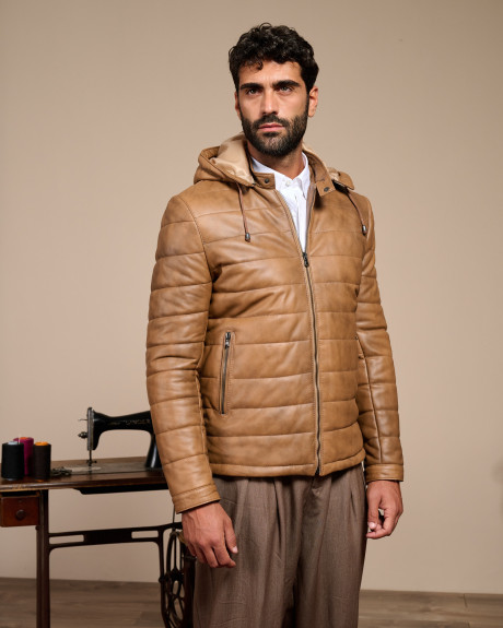 Men's down jacket mod. Berlin brown genuine leather 100% made in Italy
