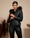 Woman down jacket with hood mod. Lasmara in genuine Black leather 100% made in Italy