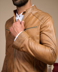 Men's Light Brown Leather Biker Jacket - U06 | Leather Trend