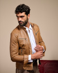 Men's Light Brown Leather Biker Jacket - U06 | Leather Trend