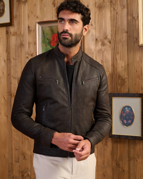 Men's Dark Brown Nubuck Biker - U06 | Leather Trend 2