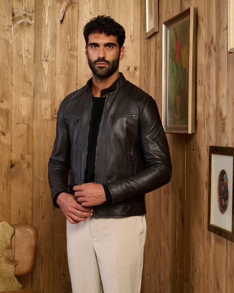 Men's Dark Brown Leather Biker Jacket - U06 | Leather Trend 2