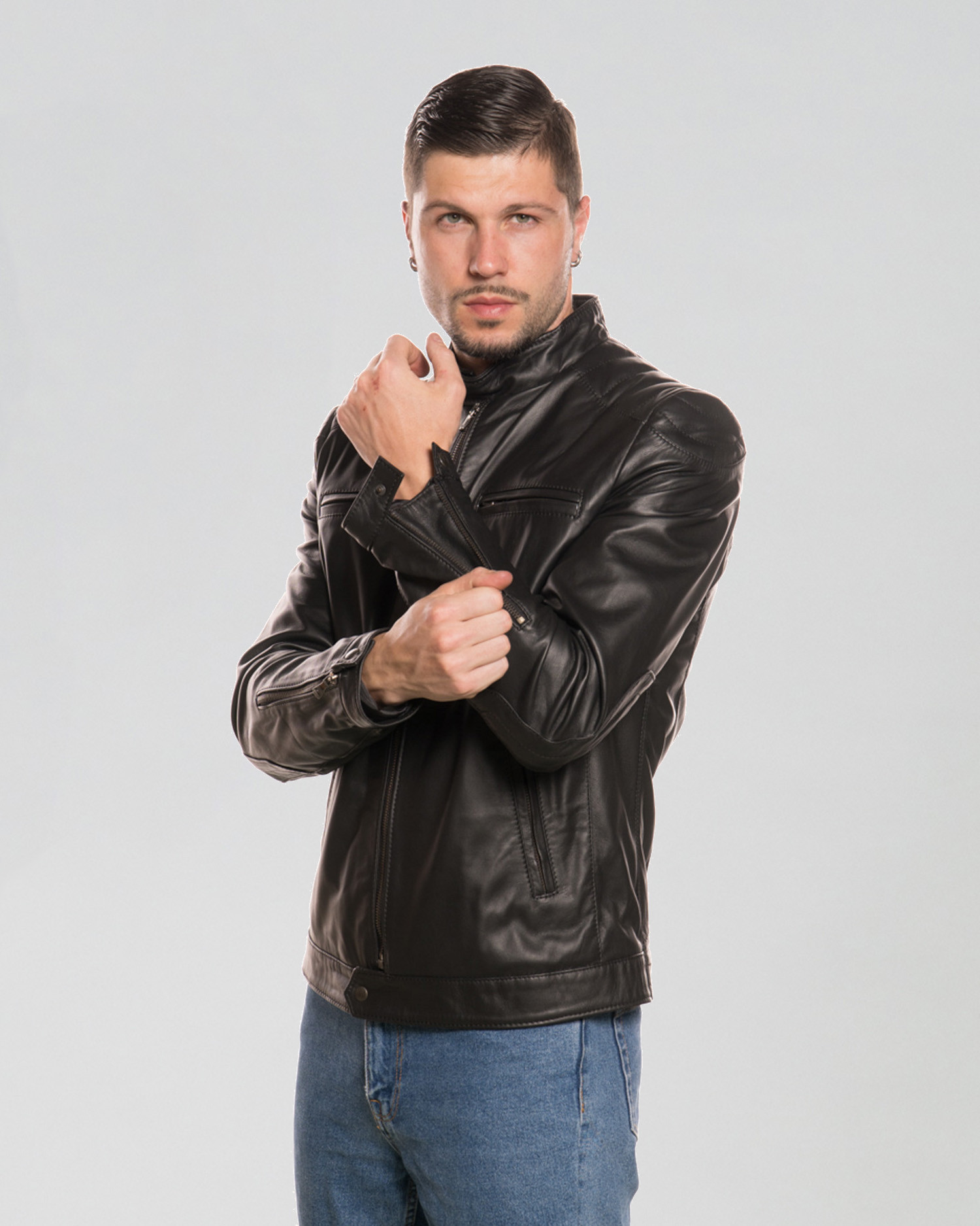 Biker leather jacket for men, Alfonso model, black color in 100