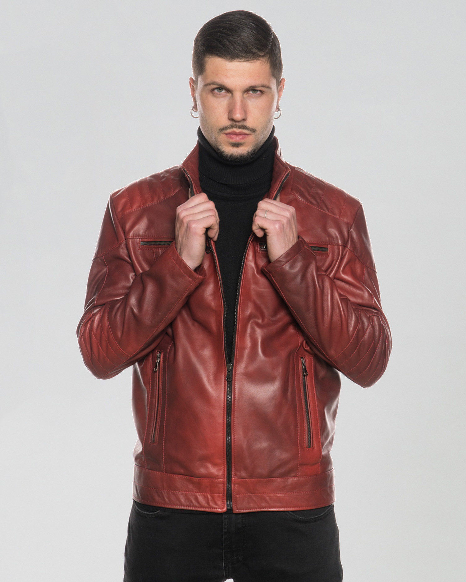 Attila Men's Biker Jacket in Genuine Bordeaux Leather