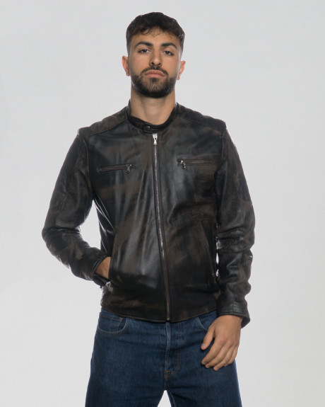 Men's Dark Brown Scretched Leather Biker Jacket – U05 | Leather Trend