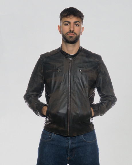 Men's Dark Brown Scretched Leather Biker Jacket – U05 | Leather Trend 2