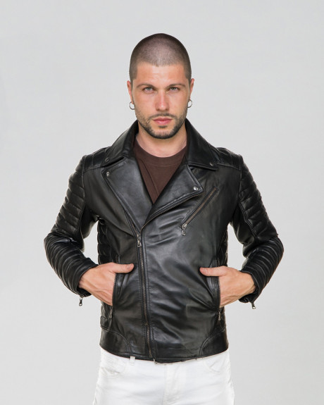 Men's black leather perfecto jacket - V248 | Leather Trend