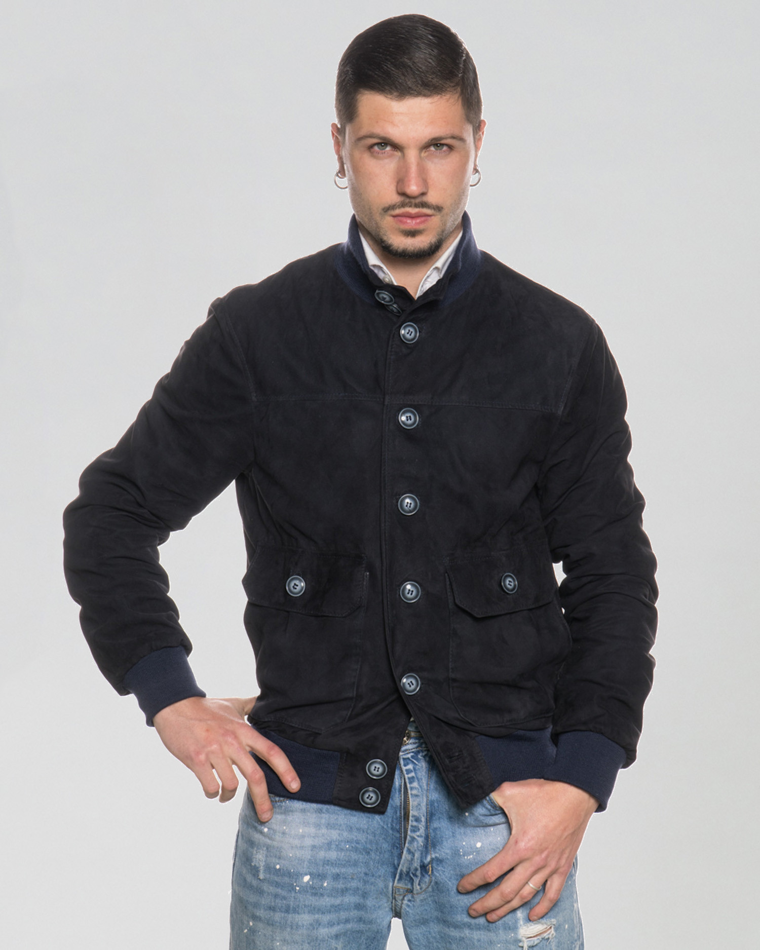 FLAVOR Giacca Bomber Uomo In Pelle Vera Scamosciata - Marrone, Cerniera, Multi Tasche