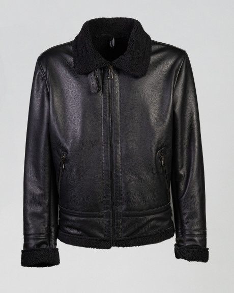 Elia - Men's Black Leather Jacket with Shearling-Effect Lining