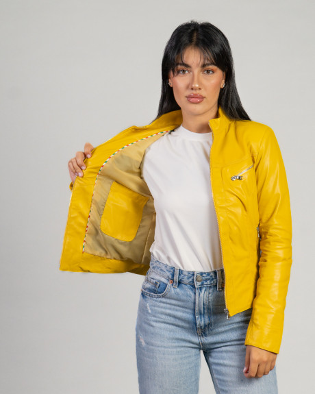 Women’s Yellow Leather Biker Jacket - Kelly | Leather Trend 2