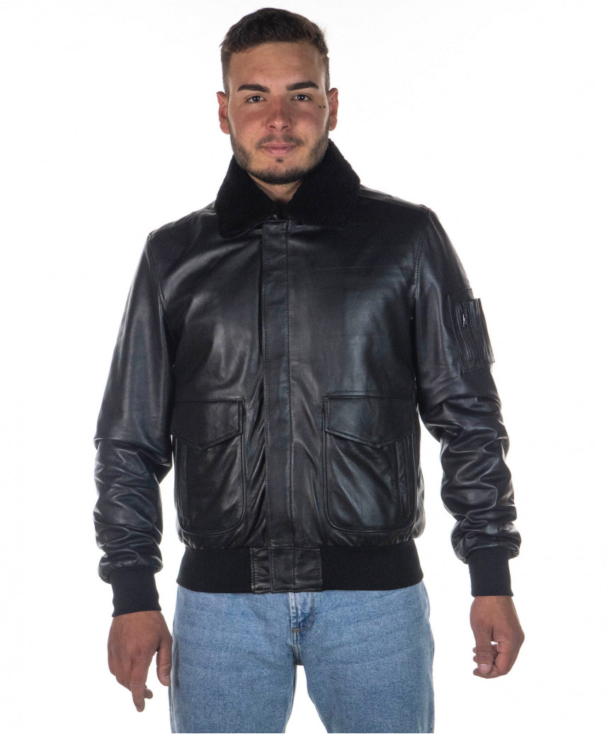 Pilota - Men's Bomber Jacket in Genuine Black Leather with Real Black Shearling Collar