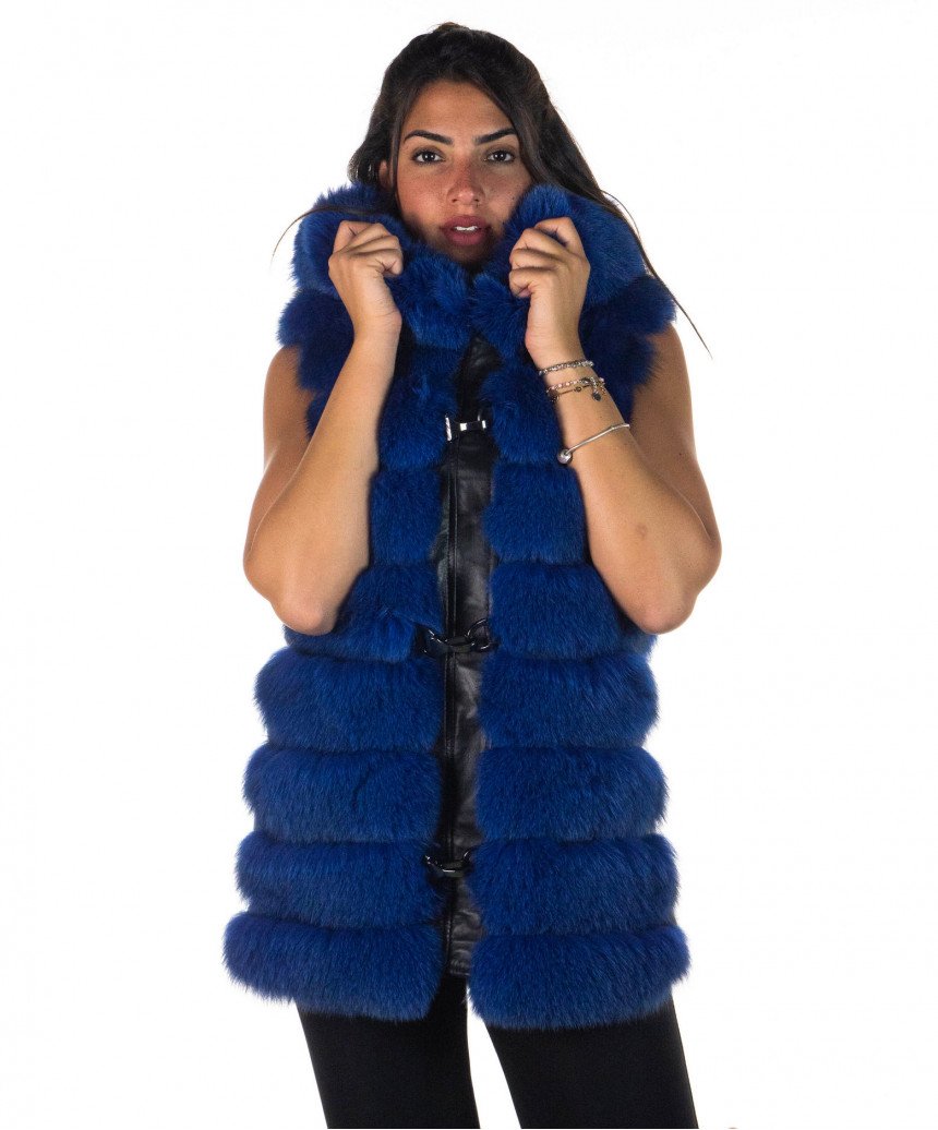 Arianna - Smanicato Donna Blu in vera pelliccia con cappuccio