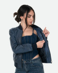 Women's Blue Leather Bomber Jacket - Malesia | Leather Trend