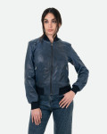 Women's Blue Leather Bomber Jacket - Malesia | Leather Trend