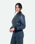 Women's Blue Leather Bomber Jacket - Malesia | Leather Trend