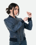 Women's Blue Leather Bomber Jacket - Malesia | Leather Trend