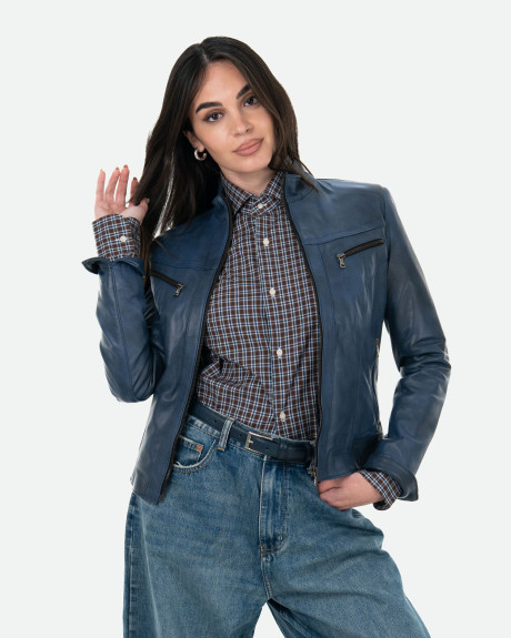Women’s Blue Leather Biker Jacket - Kelly | Leather Trend 2