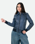 Women's Blue Leather Bomber Jacket - Cloe | Leather Trend